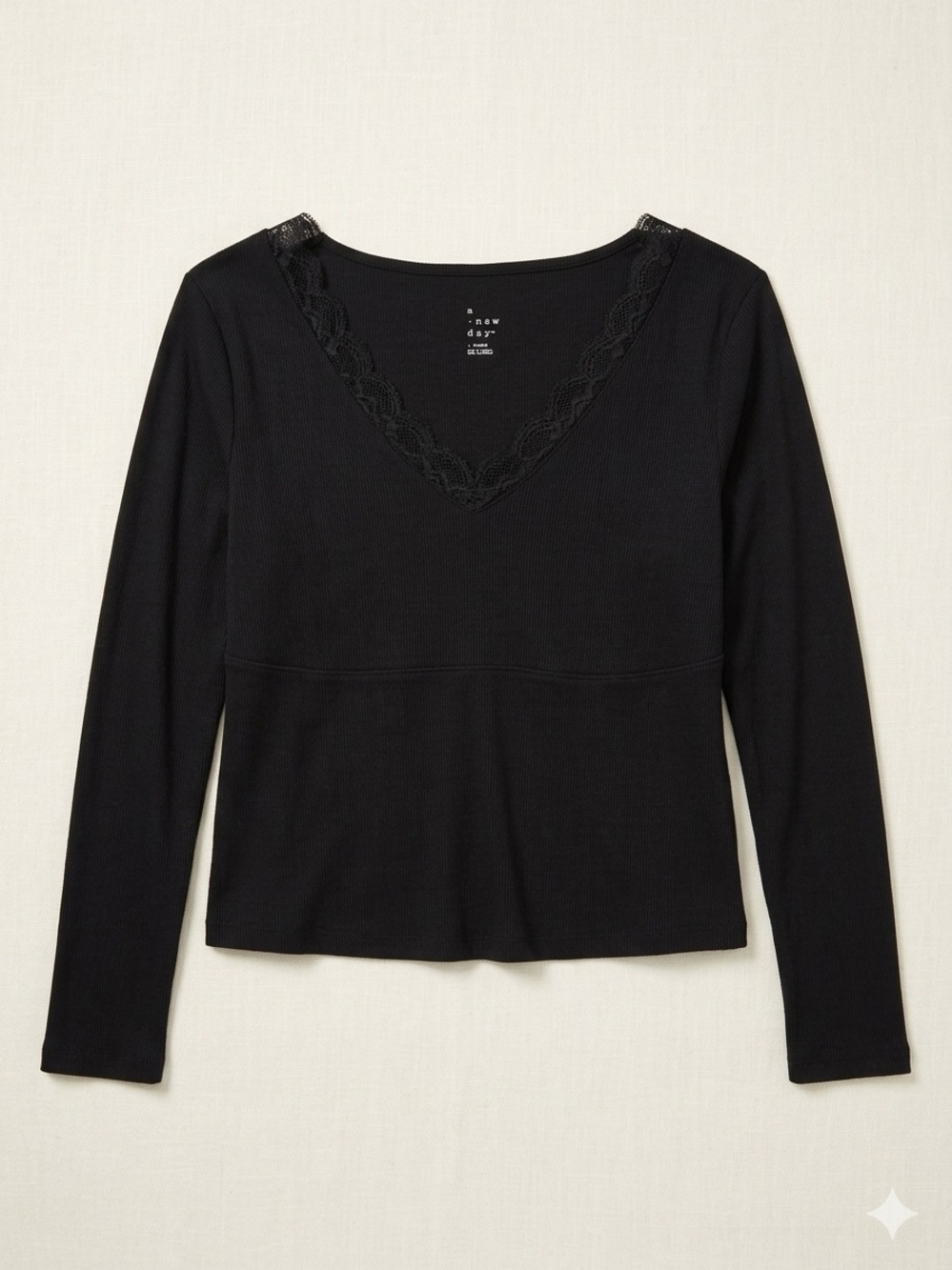A New Day Long Sleeve Ribbed Knit Shirt Lace V-Neck Black Size XL NWT